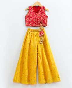 Ensemble haut et palazzo pour filles Twisha, imprimé ethnique rouge et jaune, tenue de fête pour enfants, vêtements confortables et élégants - Product Image 2