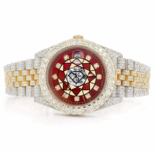 Reloj de Lujo para Hombre con Diamantes Moissanite, Esfera Roja Totalmente Adornada, Correa de Acero Inoxidable Bicolor, Cuarzo, 46mm - Product Image 1