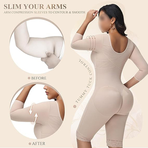 Combinaison gainante beige à col en V profond, manches trois quarts, longueur genou, grande taille, avec dentelle - Product Image 5