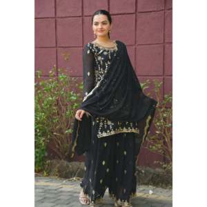 Designer Straight Shaped Chiffon Sharara Suit with Natural Waistline and Sequence Embroidered Work - Product Image 4
