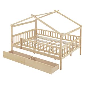 Letto a capanna in legno naturale a grandezza naturale con due cassetti per bambini - Product Image 6