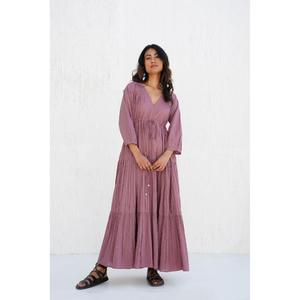 Vestido Maxi Romántico de Primera Calidad, Corte en A, Cuello en V, Manga Larga, Crepé de Rayón, Color Sólido, Elegante, para Mujer, Primavera - Product Image 4