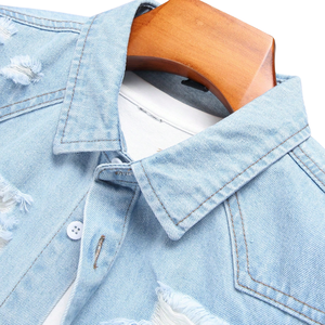 Mens Light Wash <b>Distressed</b> Denim Shirt Short Sleeve Button Down Casual Jean Shirt Two Pocket Summer Streetwear <b>Top</b> Fit - Product Image 6