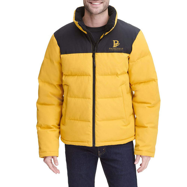 Men's Yellow Black Color Block Puffer Jacket Stand Collar Zipper Front Embroidered Logo Winter Casual Thick Polyester/Nylon