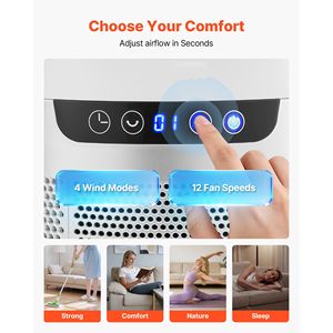 Ventilatore a Torre Senza Pale ad Alta Velocità 14.76 Ft/s, Oscillazione a 65 Gradi, 12 Velocità, 4 Modalità, Timer 8H per Alimentazione CA con Spina AU/US - Product Image 4