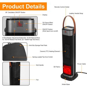 Stufa Elettrica Portatile a Torre in Ceramica da 1500W con Oscillazione, 3 Modalità di Ventilazione, Riscaldamento fino a 104°F, Telecomando e Fiamma 3D - Product Image 4