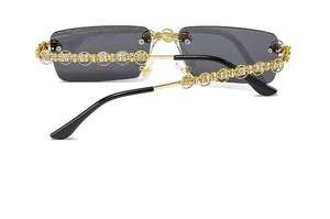 Rimless Rectangle Sunglasses <b>Gold</b> <b>Frame</b> Rhinestone Detail <b>Black</b> Lens Unisex UV400 Protection Adult Luxury Style - Product Image 2
