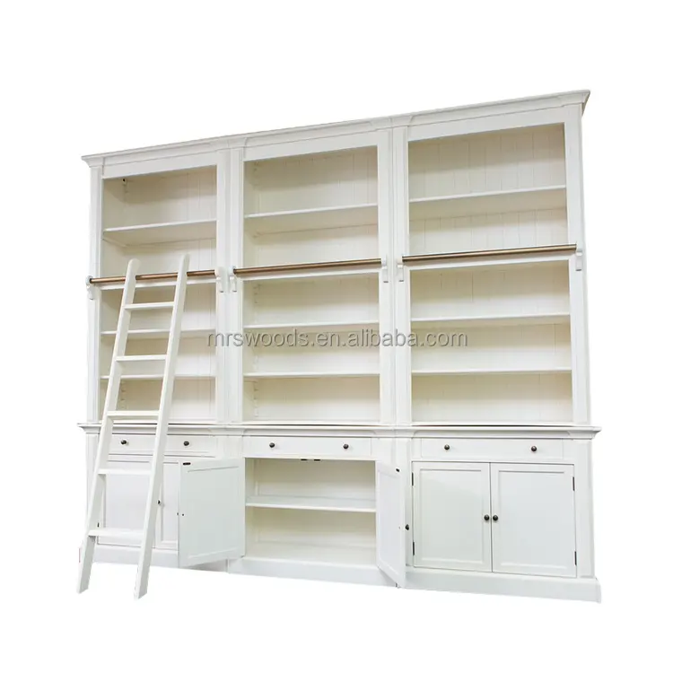 Мебель для дома, витрина для гостиной, книжный шкаф с 3 отсеками, с лестницей, шкаф из массива дерева, книжный шкаф, белая книжная полка для хранения