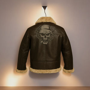 Chaqueta Bomber de Cuero Shearling Marrón para Hombre de Primera Calidad, Chaqueta de Cuero Puro con Estampado de Calavera, Elegante para el Invierno - Product Image 2