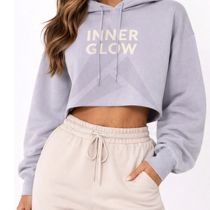 Sudadera con Capucha Corta para Mujer, Estampado Interior Brillante, Forro Polar, Estilo Casual, Otoñal, Color Morado Claro, Manga Larga - Product Image 5
