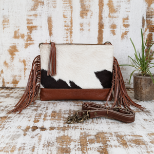 Cowhide Leather Fringe Crossbody <b>Bag</b> Western <b>Boho</b> Shoulder Purse With Tassel Strap And Brown Leather Trim - Product Image 1