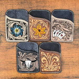 Hot Selling Women's Hand Tooled Leather Card <b>Holder</b> Western Genuine Leather Small Wallet Purple Floral Money <b>Holder</b> Card Case - Product Image 4
