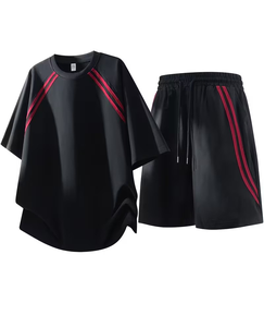 Men Solid Black Summer Crew Neck T-Shirt and Shorts Set Casual Knit Breathable Quick Dry 180g Polyester Cotton Outfit - Product Image 4