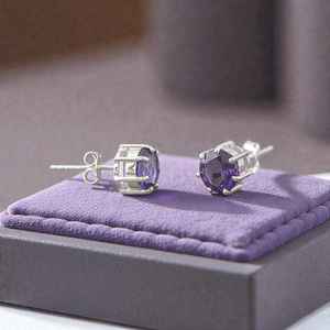 Genuine Amethyst Stud Earrings 925 Sterling <b>Silver</b> Handmade Minimalist IGI Certified Rhodium Plated Party Jewelry Gift - Product Image 2