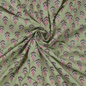 Premium Organic <b>Light</b> Green Kalamkari Hand Block Print Cotton Fabric Small <b>Leaf</b> Motif for Kurtis Dresses Cushions Craft B2B - Product Image 5