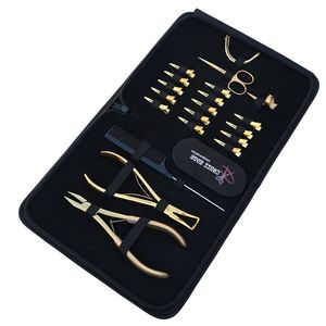 Kit d'outils pour extensions capillaires : Peigne à queue, Aiguille courbée, Pinces de coiffure, Mini-ciseaux à doigts, Pince à sertir plate - Product Image 1