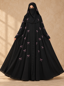 Abaya noire en mousseline brodée grande taille avec ensemble niqab et hijab assortis, robe longue de soirée islamique modeste - Product Image 6