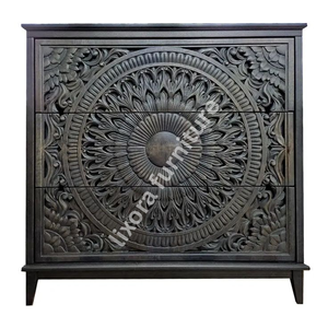 Commode de luxe artisanale en bois massif à 3 tiroirs, avec sculpture mandala lotus ornée, finition noir anthracite - Product Image 4