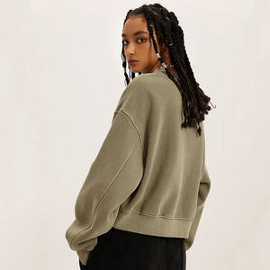 Sudaderas y Hoodies de Algodón Felpa Lavado, Corte Recortado, Cuello Redondo, Hombros Caídos, Estilo Urbano de Invierno para Mujer, Color Liso - Product Image 5