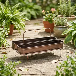 Ensemble de plateaux rectangulaires décoratifs en fer forgé de style artisanal avec poignée, style moderne, pour plantes, portables, pour usage extérieur - Product Image 1