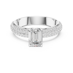 Anillo de Compromiso de Plata de Ley con Esmeralda y Moissanita Redonda en Tres Filas |   Anillo de boda llamativo para mujer - Product Image 1