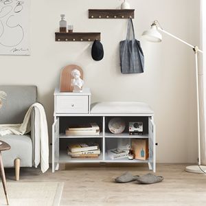 Legno bianco scarpa panca armadio con cuscino in PU ignifugo doppie porte e cassetto mobile per ingresso porta - Product Image 6