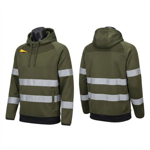 Sweat à capuche de travail premium 330 g/m² 100 % coton vert olive avec bandes de sécurité réfléchissantes cousues et logo personnalisé par transfert thermique – Vêtements de travail professionnels - Product Image 1