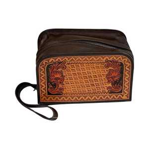 Handcrafted Vintage Genuine <b>Leather</b> Toiletry Bag Solid Color Zipper Closure Embroidered Floral Design Women's <b>Handbag</b> Daily Use - Product Image 2