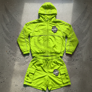 New Arrival Custom <b>Winter</b> Men's Windbreaker Full Length Hooded <b>Jacket</b> Tracksuit Reflective Zip up Nylon Two Piece Short Set - Product Image 5