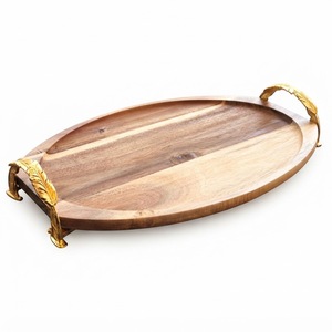 Luxury Oval Wooden Serving Tray With Gold Feather Handles Wholesale Decorative <b>Coffee</b> <b>Table</b> Platter For Wedding & Hotel Supply - Product Image 1