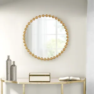 Espejo de pared circular chapado en oro con marco de cuentas, decoración artística estilo Hollywood Glam para la entrada del hogar. - Product Image 1