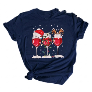 Custom <b>Navy</b> Blue Christmas Wine Shirt Women Graphic T-Shirt Festive Santa <b>Hat</b> Lights Reindeer Short Sleeve Crew Neck t shirt - Product Image 1