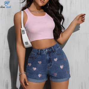Custom <b>Women's</b> Heart Embroidered Denim Shorts High Waist Blue <b>Jean</b> Shorts OEM ODM Wholesale Manufacturer - Product Image 5