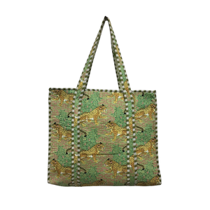 Tote Bag Quilted Hand Block Printed Cotton Canvas Bohemian Beach Shopping <b>Large</b> Capacity Green Animal Leopard <b>Print</b> Women - Product Image 6