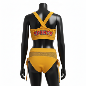 ชุดบิกินี่ผู้หญิง 230 GSM โพลีเอสเตอร์ สแปนเด็กซ์ สีมัสตาร์ด ดีไซน์ตาข่ายปักลาย ปักโลโก้ตามสั่ง ชุดบิกินี่ผู้หญิง - Product Image 5