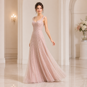 Elegante Vestido de Noche Rosa Pálido, Corte A, Sin Mangas, con Bordado y Tul |   Vestido Formal de Fiesta para Mujer, Marca Privada OEM, India - Product Image 3