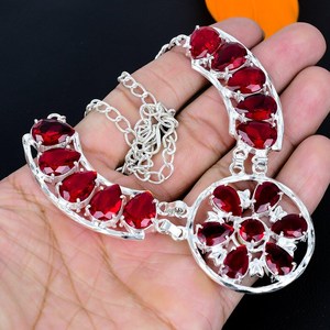 Pendentif élégant en grenat rouge vintage, argent sterling 925, sertissage en or, chaîne réglable, fait main, cadeau de fiançailles ou de Saint-Valentin - Product Image 6