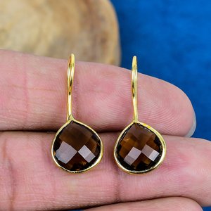 Handmade Smokey Quartz Heart Shape Gemstone Hook Earrings 18k Micron Gold Over 925 <b>Sterling</b> <b>Silver</b> - Product Image 2