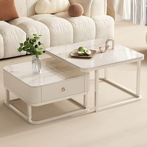 Modern Eco-Friendly Coffee Table Set of Two <b>Nesting</b> Stacking Tea Tables for Living Rooms with Gold Metal Frame and Wooden Drawer - Product Image 2
