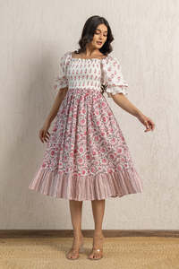 <b>WHITE</b> SMOCKED COTTON <b>MAXI</b> DRESS WOMEN BREATHABLE COMFORTABLE AND CLASSY WITH A BEAUTIFUL FLORAL PRINT <b>MAXI</b> DRESS - Product Image 2