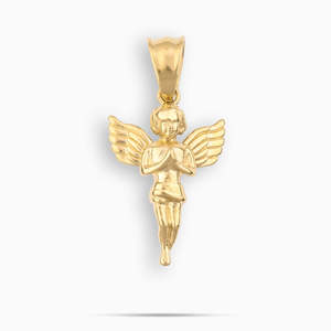 Gold Guardian <b>Angel</b> Pendant Necklace | Polished Cherub <b>Angel</b> <b>Charm</b> | Stainless Steel Religious Jewelry - Product Image 1