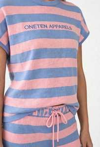 Women's Pink Blue Striped Short Sleeve Top And Drawstring Skirt Two Piece Casual <b>Set</b> - Product Image 4