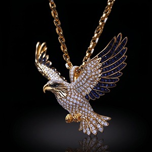 <b>Men</b> 22K Gold Plated Eagle Pendant <b>Necklace</b> With Crystal Rhinestones Figaro Chain Hiphop Style Everyday Wear - Product Image 1