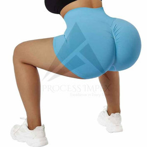 Shorts de yoga bleus unis taille haute pour femme, tricotés, extensibles, sportifs, pour la gym, l'entraînement, la course et les activités sportives - Product Image 4