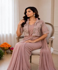 Sari listo para usar, muy vendido, para mujer, diseño étnico, para fiestas, bodas, festivales, colección boutique, rosa claro 82846 BB-59 - Product Image 2