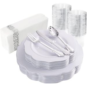 Set di 25 Piatti in Plastica Argento per Cena/Dessert, 25 Forchette, 25 Coltelli, 25 Cucchiai, 175 Pezzi Kit di Articoli per Feste Usa e Getta Argento - Product Image 1