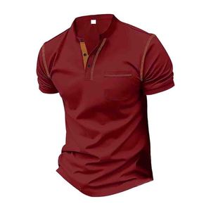 เสื้อเชิ้ตเฮนลีย์ผู้ชาย ผ้าฝ้ายถัก 100% แขนสั้น ทรงปกติ สีพื้นลำลอง มีกระเป๋าหน้าอก เย็บตะเข็บตัดสี ระบายอากาศได้ดี - Product Image 3
