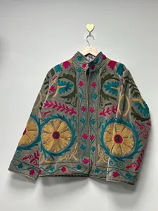 Luxury <b>Velvet</b> Suzani Embroidered <b>Jacket</b> With Floral pattern Full Sleeve Stand Collar <b>Women's</b> Winter Coat Handmade Patchwork - Product Image 3