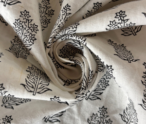 Classic Eco-Friendly Lightweight Hand Block Printed Cotton Fabric Small <b>Black</b> Floral Motif Natural Base 90 GSM for Bags Home - Product Image 1