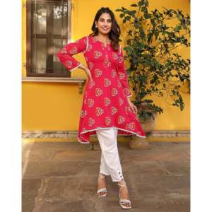 Kurta en mousseline de soie rose respirante pour femme avec motif dessiné à la main et bas de robe taille XS - Product Image 5
